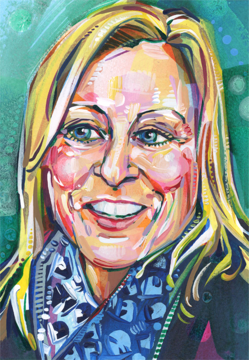 peinture acrylique d’une femme aux cheveux blonds et au beau sourire, peinte par l’artiste Gwenn Seemel