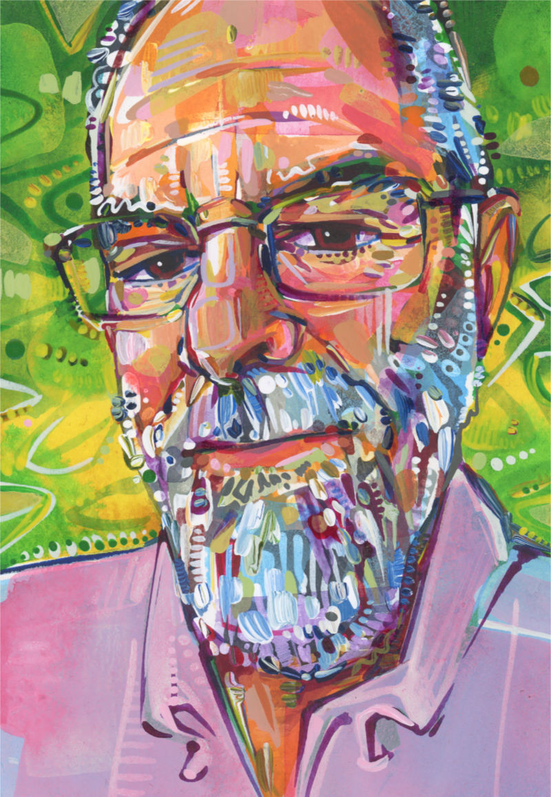 peinture acrylique d’un homme blanc avec des lunettes et un sourire timide, peinte par l’artiste non binaire Gwenn Seemel