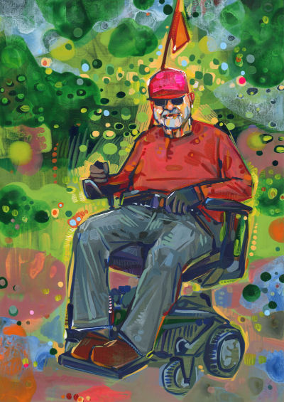 old man in an electric wheelchair, painting on panel