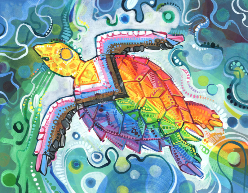 tortue de mer nageant qui incarne un drapeau Progress Pride, illustration du peintre non binaire Gwenn Seemel