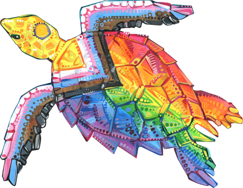 design of a swimming sea turtle embodying a Progress Pride flag