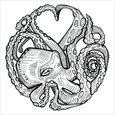 black and white ink drawing of an octopus shaping a heart from its tentacles