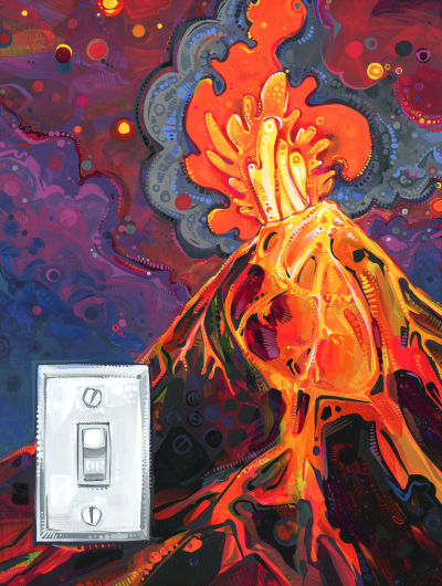 volcano heart erupting with a switch turned to “on,” a representation of emotional dysregulation, illustration by mental health artist Gwenn Seemel