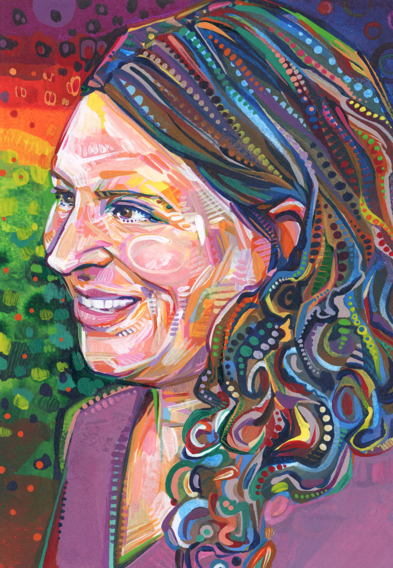 acrylic painting of a white woman with long curly brown hair, painted by Lambertville artist Gwenn Seemel