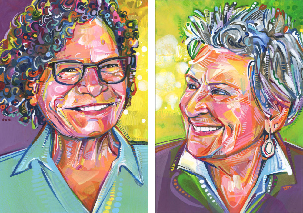 two lovely Lambertvillians, acrylic painted portraits, created by queer artist Gwenn Seemel