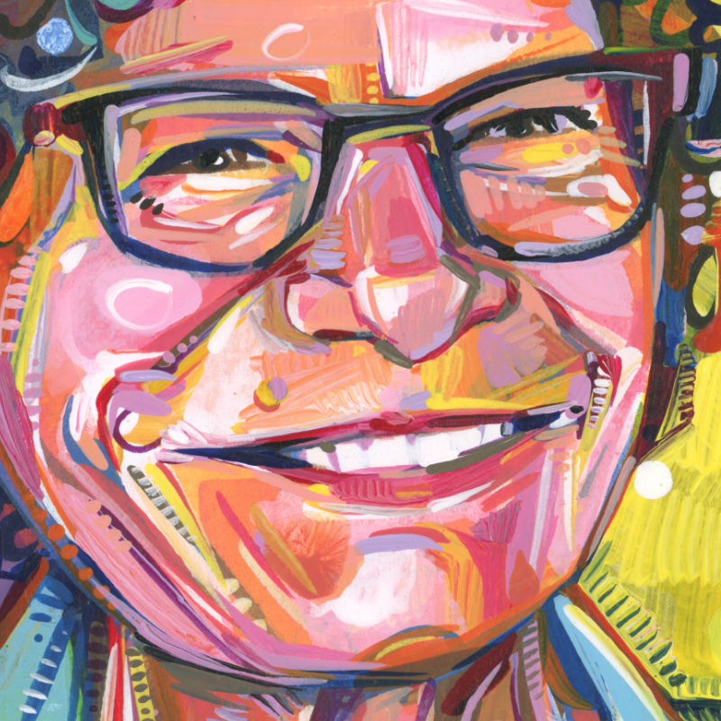 painterly portrait of a smiling woman with glasses