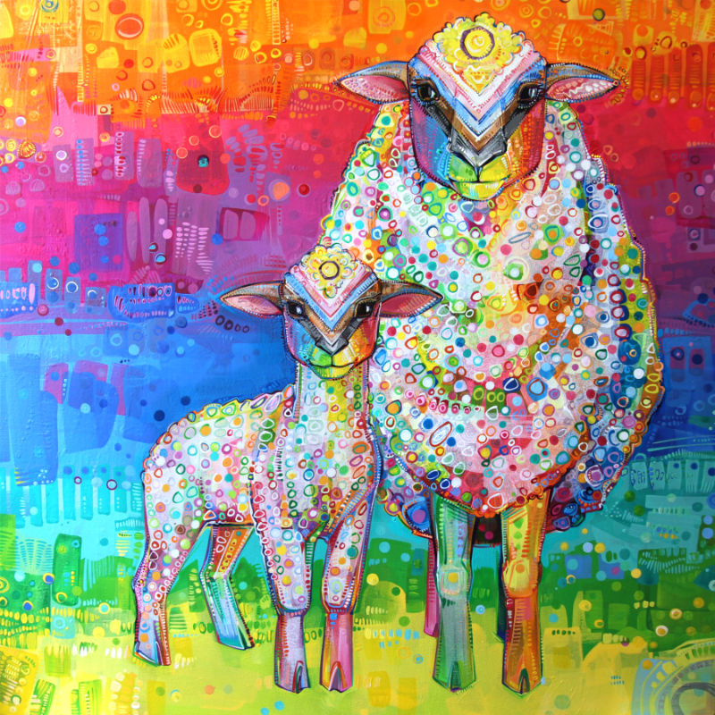 LGBTQIA Lamb-ertville, progress pride flag lamb and sheep painting by artist Gwenn Seemel