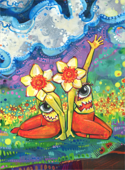 two daffodil monsters in a field of daffodils, painting by non-binary painter Gwenn Seemel