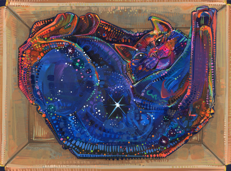 a cat made of the universe playing in an empty cardboard box, painting by New Jersey painter Gwenn Seemel