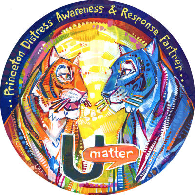 Princeton University commissioned artwork, an orange tiger and blue one having a conversation and listening to each other, illustration in acrylic on paper by New Jersey artist Gwenn Seemel