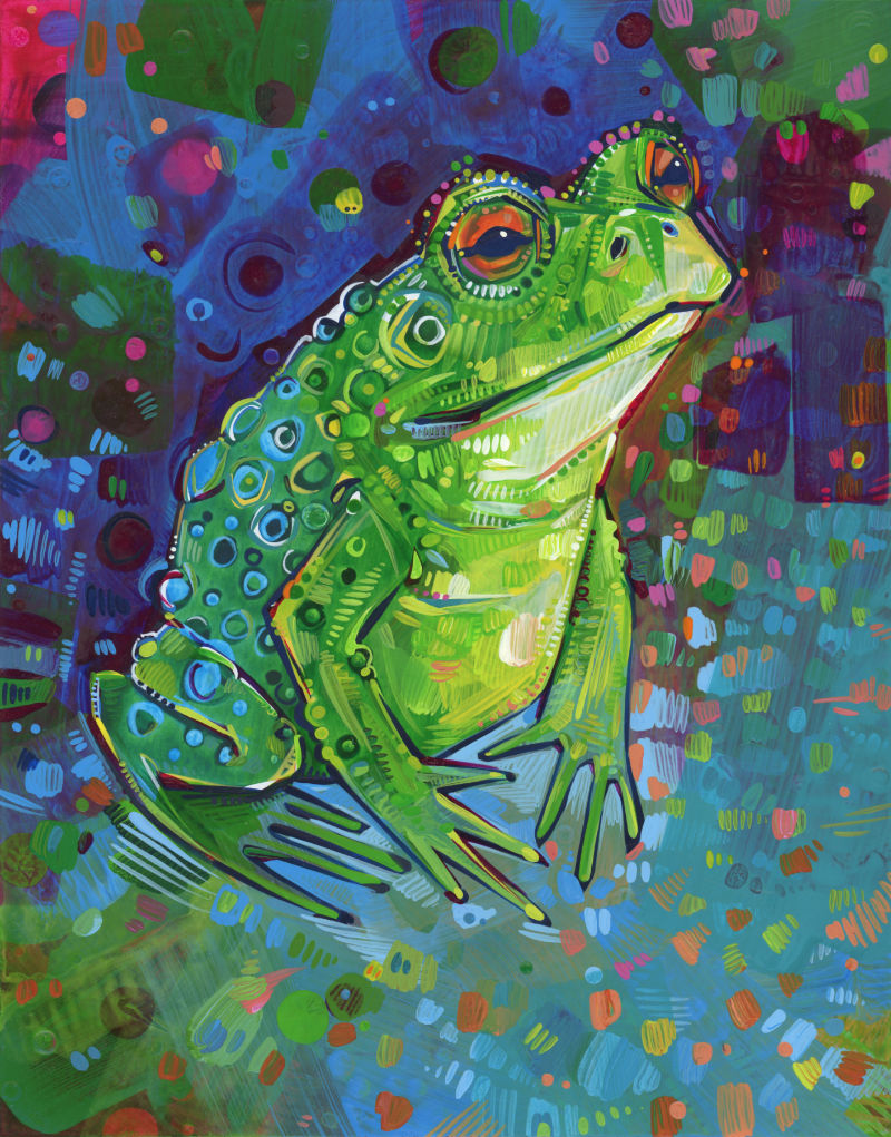 crapaud vert aux yeux orange, peinture à l’acrylique sur papier par l’artiste Gwenn Seemel