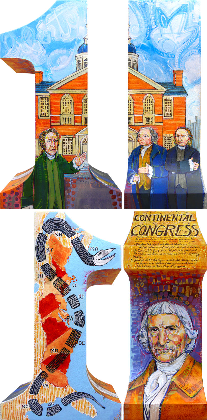 52 Weeks of Firsts project in Philadelphia, First Continental Congress by Gwenn Seemel including Patrick Henry, John Adams, John Morton, and Charles Thomson with Carpenters&rsquo; Hall and a map of the thirteen colonies