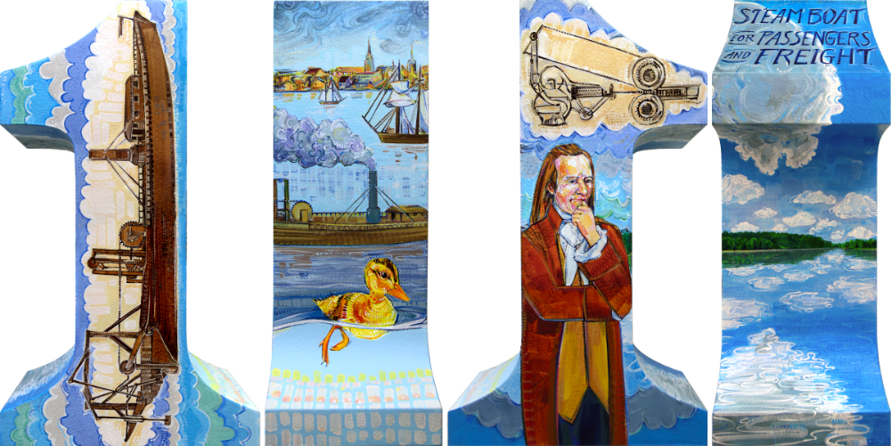 52 Weeks of Firsts project in Philadelphia, First Steamboat for Passengers and Freight by Gwenn Seemel including John Fitch&rsquo;s 1790 steamboat design and a river view of the Delaware River