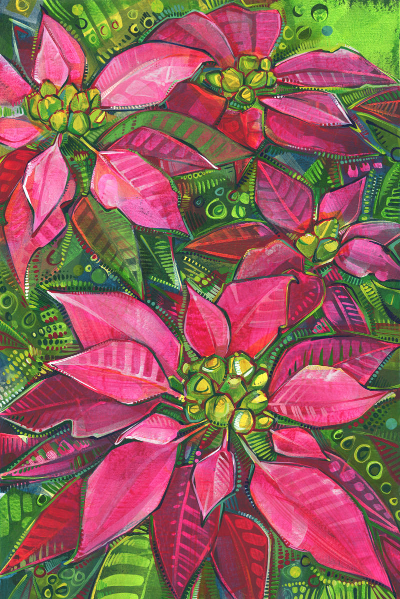 pink and green poinsettia Christmas painting by nonreligious artist Gwenn Seemel, a flower from Mexico