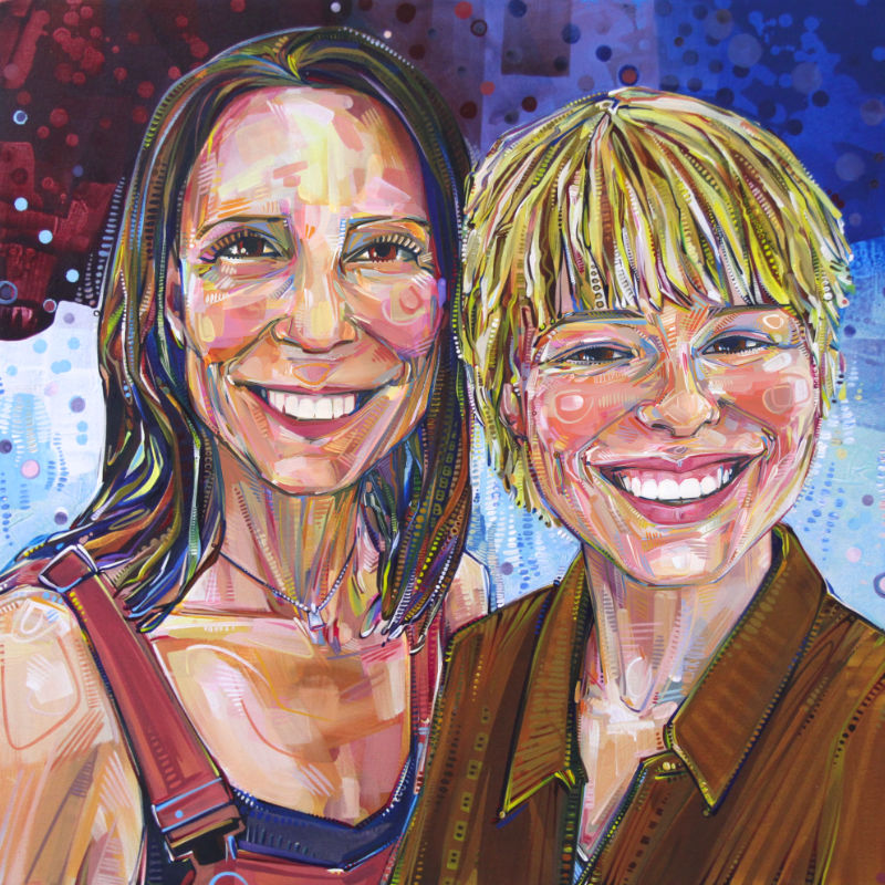 peinture d’une maman et son enfant, tous deux souriants, œuvre de Gwenn Seemel