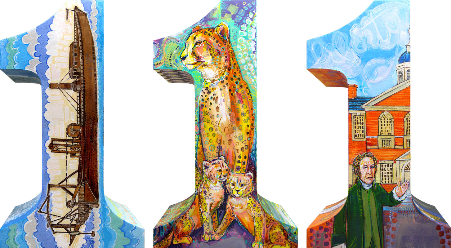 52 Weeks of Firsts sculptures: First Steamboat, First Zoo, and First Continental Congress by American artist Gwenn Seemel