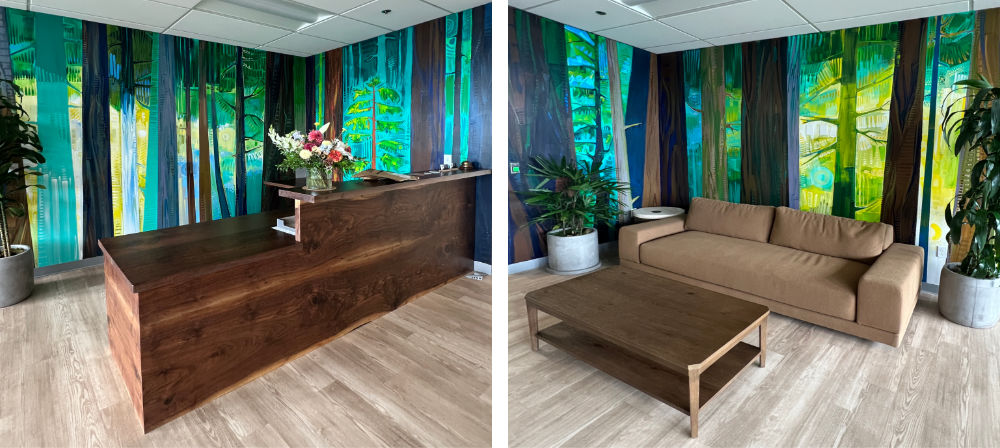 American Fiduciary Services mural of a Pacific Northwest forest by Gwenn Seemel