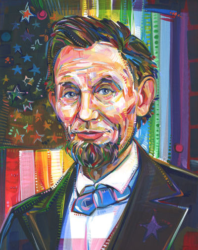 portrait d&rsquo;Abraham Lincoln, pr&eacute;sident des &Eacute;tats-Unis, avec un drapeau am&eacute;ricain arc-en-ciel, une &oelig;uvre de l&rsquo;artiste Gwenn Seemel