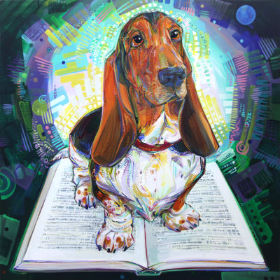 portrait d&rsquo;un basset hound assis sur un livre ouvert, peint par l&rsquo;artiste de Lambertville, Gwenn Seemel, pour Howling Basset Books