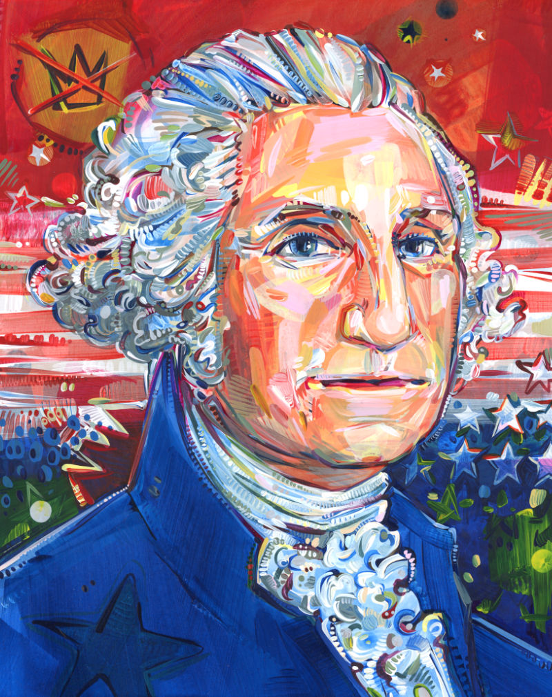 portrait de George Washington, pr&eacute;sident des &Eacute;tats-Unis, avec un drapeau am&eacute;ricain et le symbole &ldquo;No Kings&rdquo; (une couronne barr&eacute;e d&rsquo;un X), une &oelig;uvre de l&rsquo;artiste Gwenn Seemel