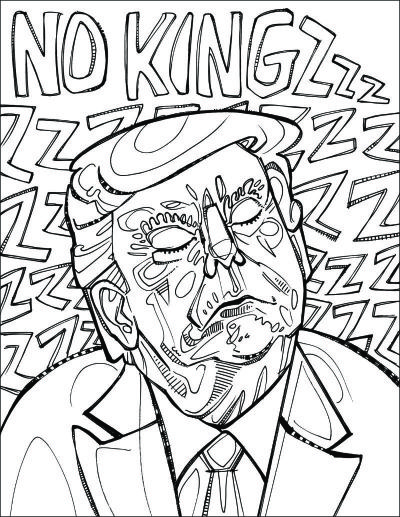 coloriage NO KINGS représentant un Trump assoupi