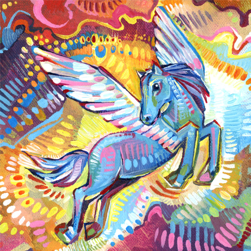 detail image of a blue Pegasus painting with rainbow clouds
