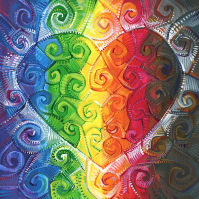 motif tourbillonnant r&eacute;v&eacute;lant un c&oelig;ur arc-en-ciel, symbole de la fiert&eacute;, peint par l&rsquo;artiste queer Gwenn Seemel