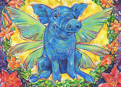 painting of a blue pig with fairy wings by queer artist Gwenn Seemel