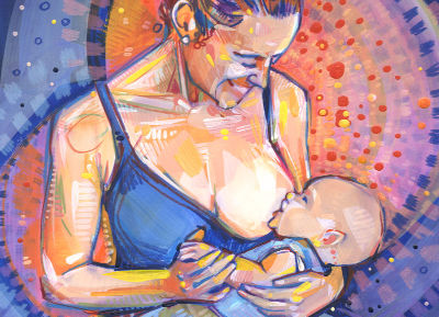portrait painting of beautiful woman breastfeeding