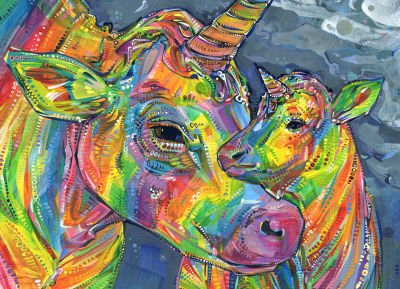 painting of a rainbow unicorn cow with her baby
