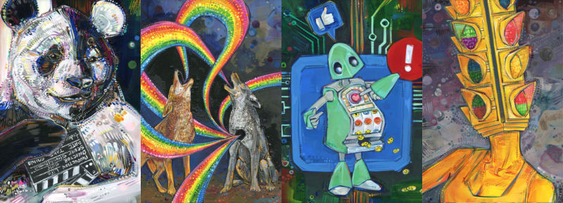 surreal paintings of a divided panda, coyotes singing rainbows, a slot machine for emotions, and person whose face is a traffic signal