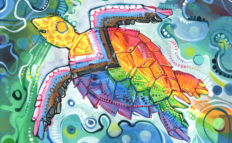 swimming sea turtle embodying a Progress Pride flag, illutration by nonbinary painter Gwenn Seemel
