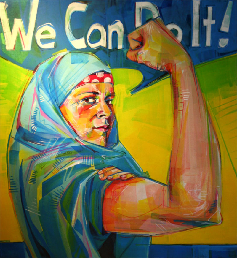allegorical portrait of an American woman wearing a headscarf painted by independent artist Gwenn Seemel