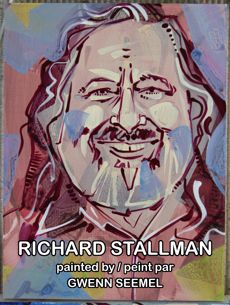 process images for a colorful crosshatched painting of a Richard Stallman of the Free Software Foundation