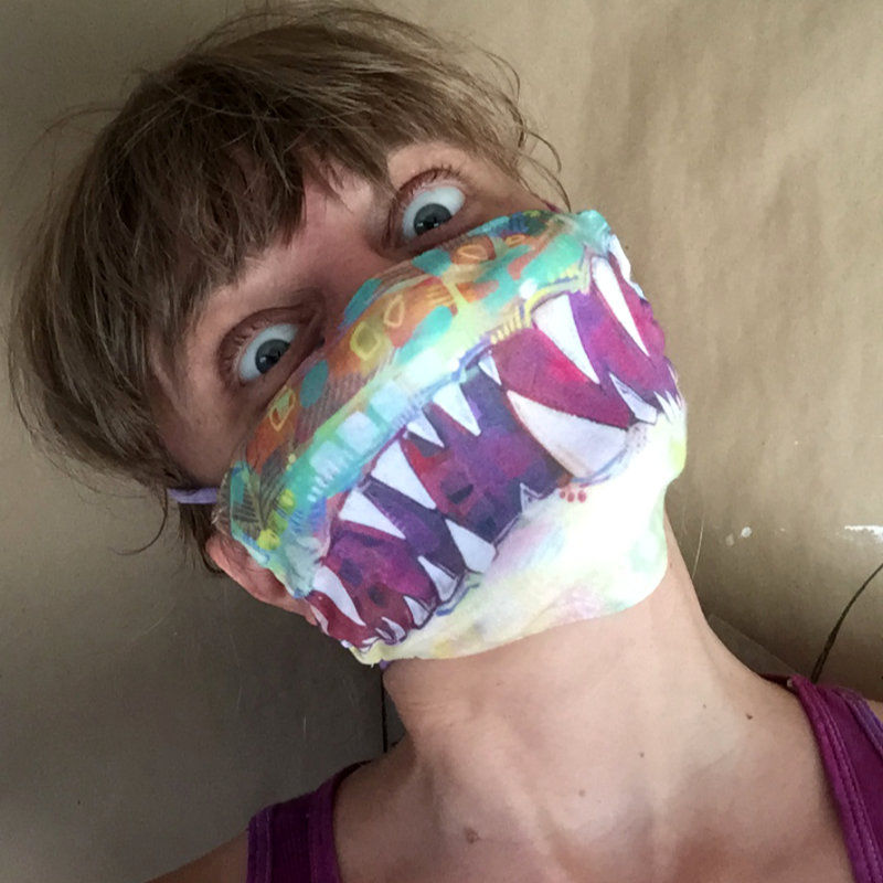 Gwenn Seemel wearing a monsterific face-covering