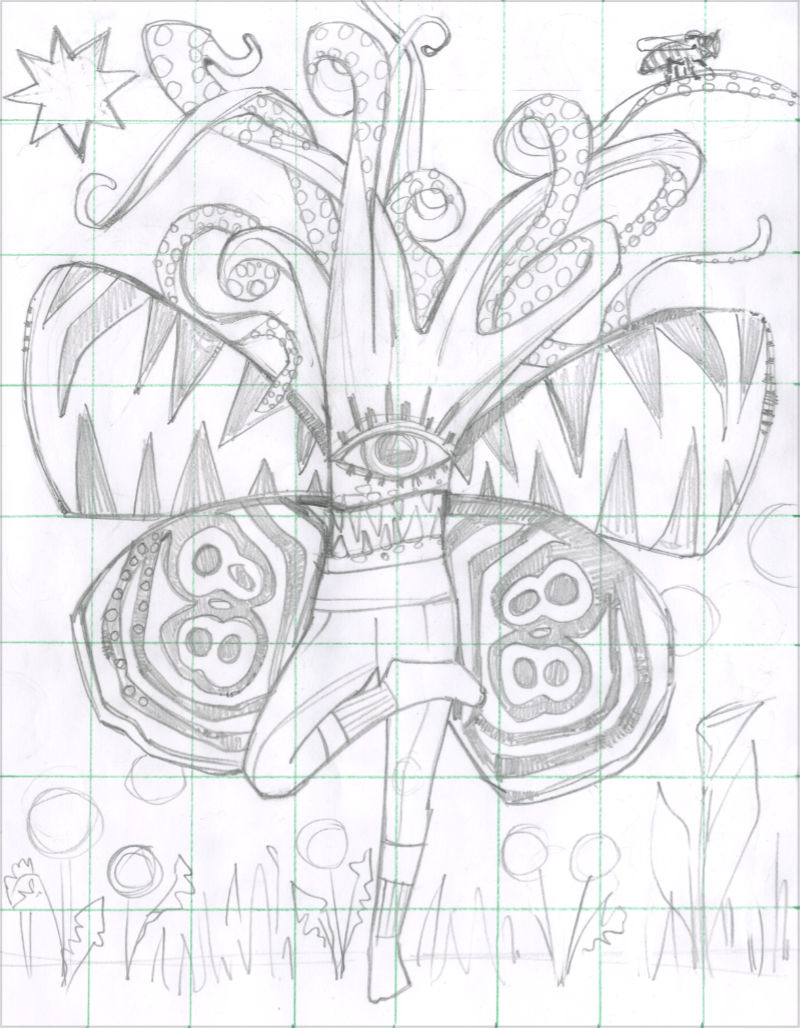 drawing of a monstrous figure made up of tentacles and teeth as well as butterfly wings