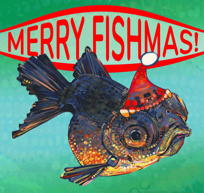 Merry Fishmas, animated holiday goldfish art GIF