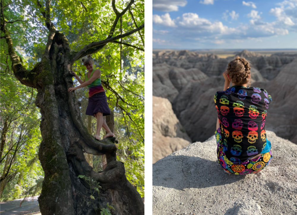 Gwenn Seemel in a tree and at the Badlands in South Dakota