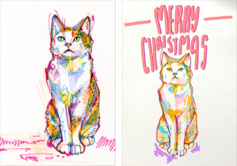 Gwenn Seemel cat drawing and Wilksey’s copy