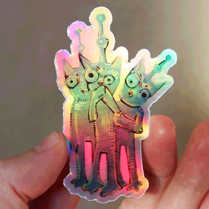 holographic surprised alien cats sticker for Gwenn Seemel’s Patreon sitcker club