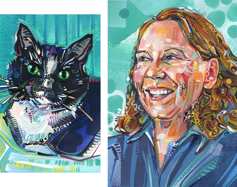 tuxedo cat and her person painted in acrylic on paper by Gwenn Seemel with dynamic brushstrokes