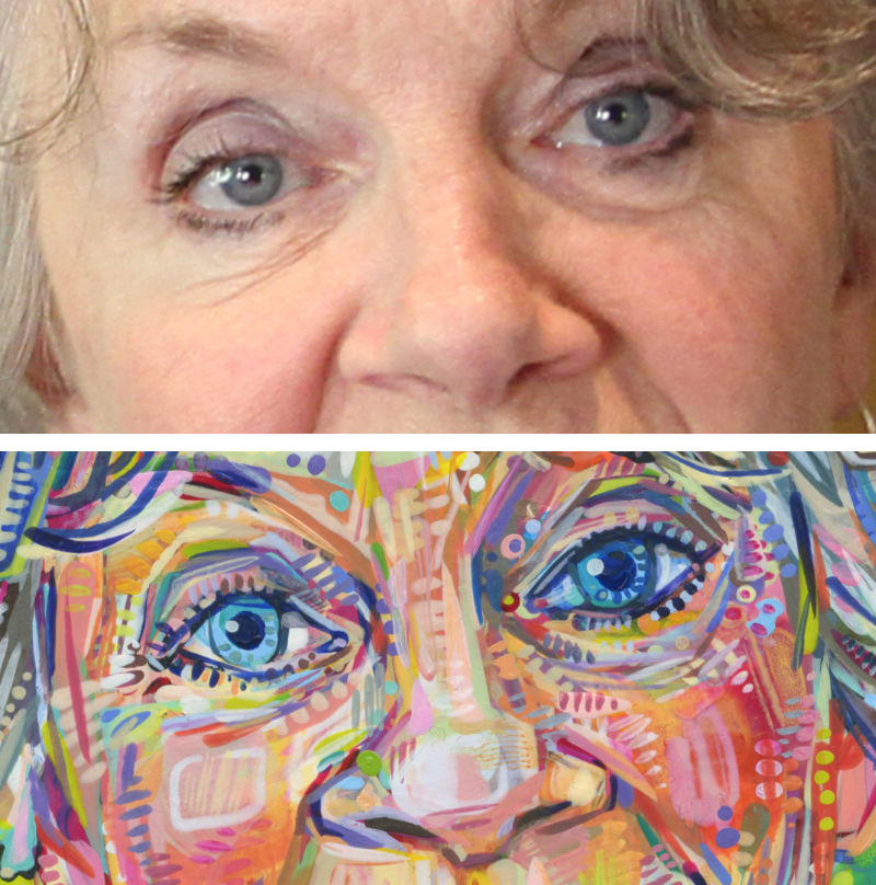 photo de r&eacute;f&eacute;rence pour et d&eacute;tail d&rsquo;une peinture acrylique d&rsquo;une femmme avec des yeux bleus