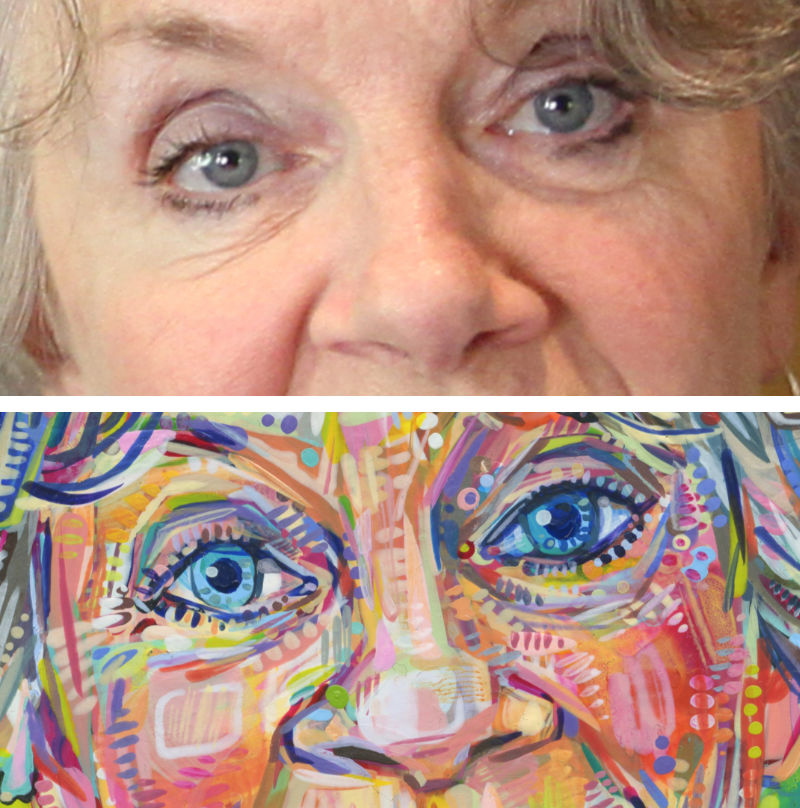 photo de référence pour et détail d’une peinture acrylique d’une femmme avec des yeux bleus