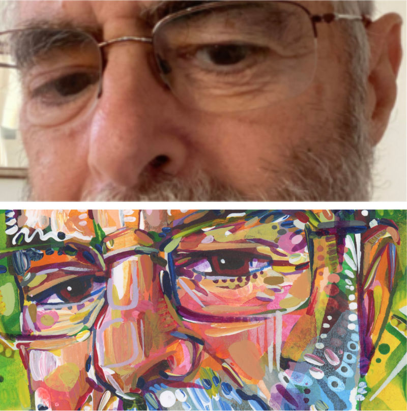 photo de référence pour et détail d’une peinture acrylique d’un homme blanc avec des lunettes