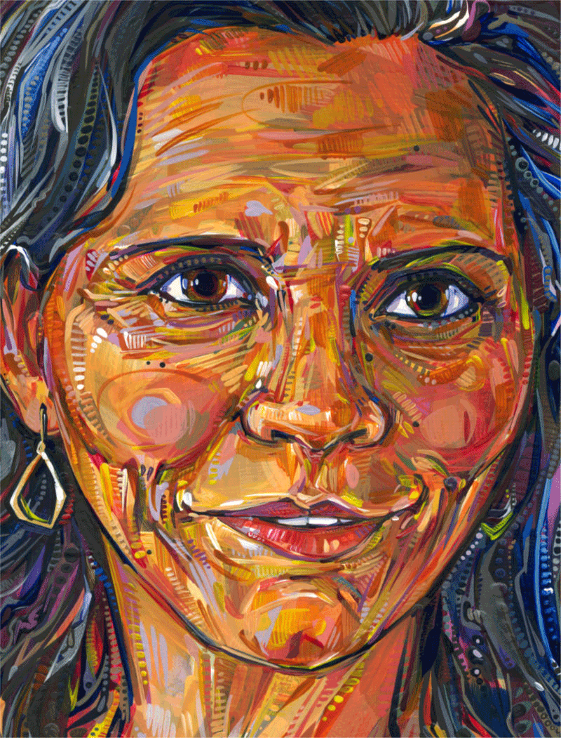 détail d’un portrait d’une femme, basculant entre une version modifiée numériquement et l’original