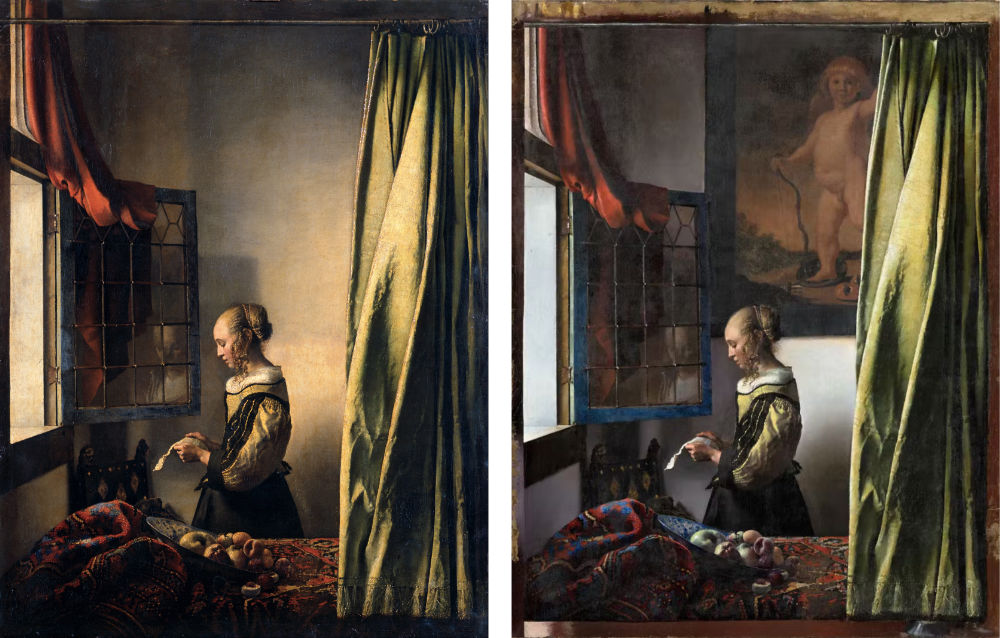 Girl Reading a Letter at an Open Window, unrestored version and 2021 resoration, Johannes Vermeer