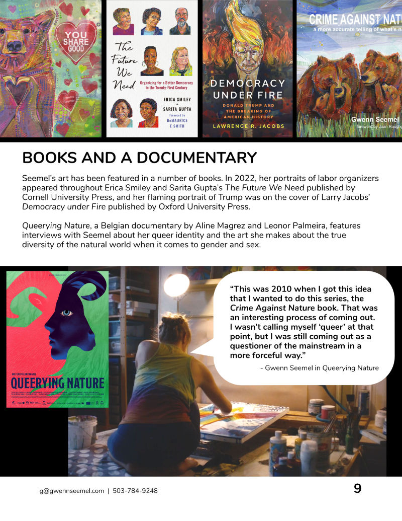 professional artist press kit page about books and documentary that feature Gwenn Seemel’s art