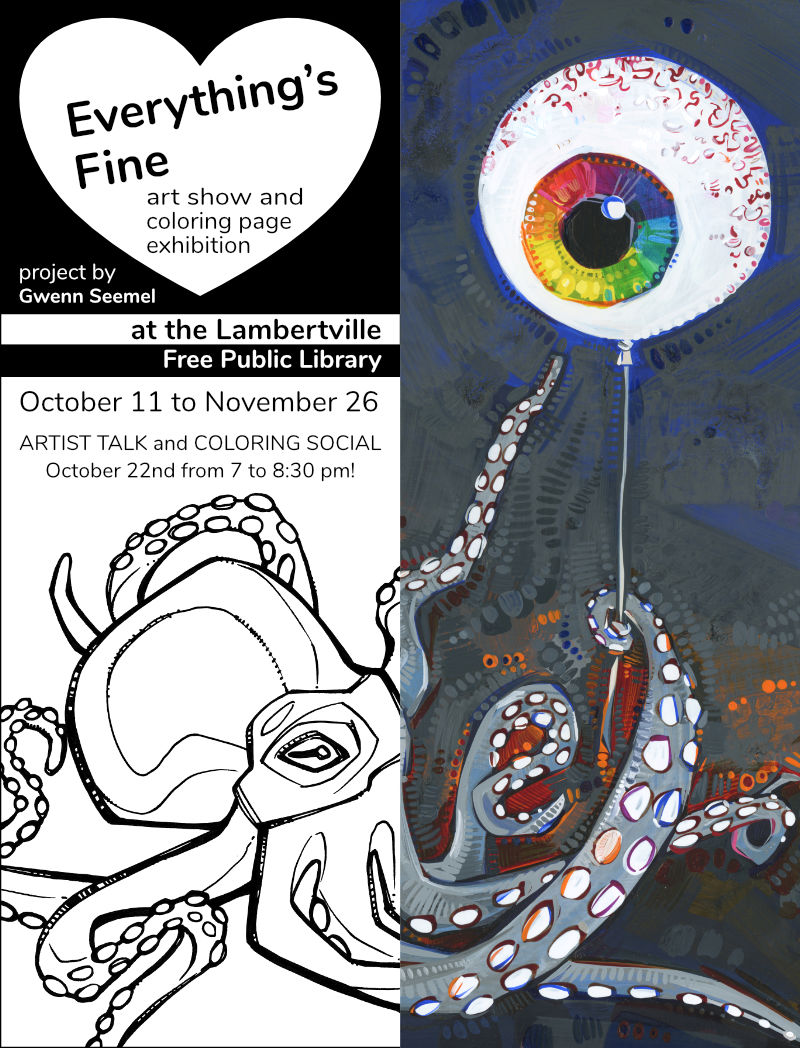 flier for Gwenn Seemel’s art show and coloring page exhibit at the Lambertville Free Public Library