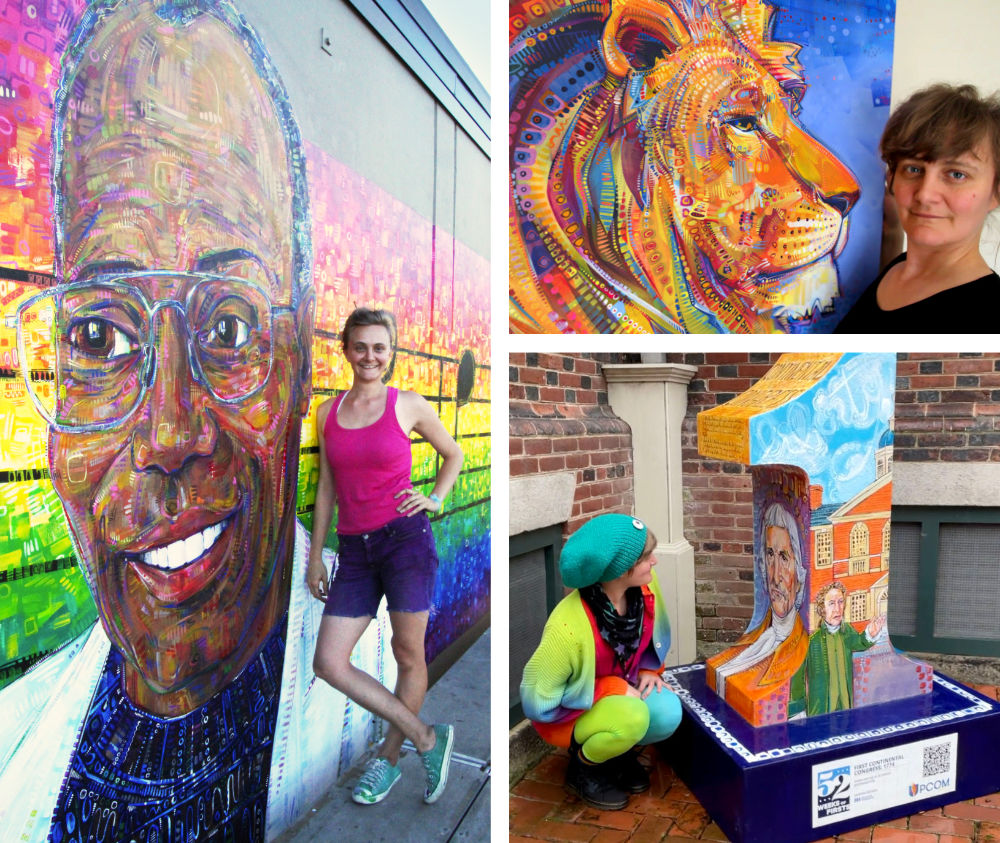 Gwenn Seemel with their Kirk Reeves mural in Portland, Oregon, with their genderqueer maned lioness painting, and with the First Continental Congress artwork for 52 Weeks of Firsts in Philadelphia 