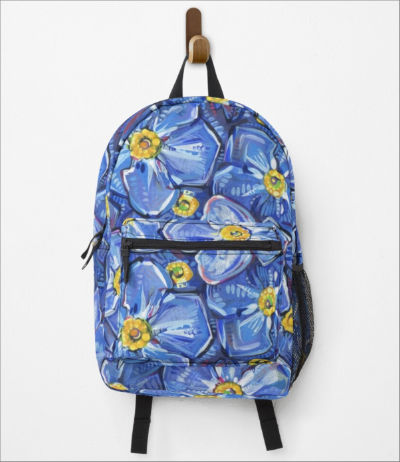 Jersey artist Gwenn Seemel’s forget-me-not painting printed on a backpack